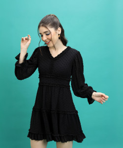Tokyo Talkies Women Ruffled Black Above Knee/Mid Thigh Length Dress