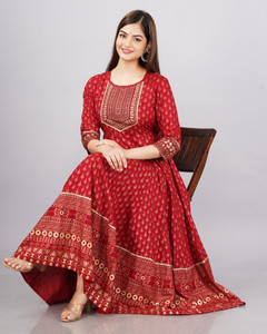 HouseOfCommon Women Ethnic Dress Maroon Ankle Length Dress