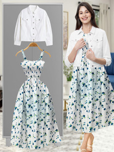 LEETOS Women Fit and Flare White, White, Blue Midi/Calf Length Dress