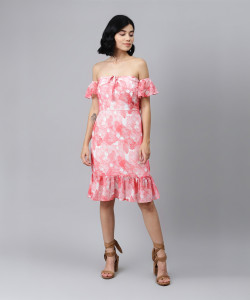 SASSAFRAS Women Fit and Flare Pink, White Above Knee/Mid Thigh Length Dress