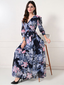 ZWERLON Women Fit and Flare Blue Maxi/Full Length Dress