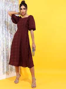Tokyo Talkies Women Fit and Flare Maroon Midi/Calf Length Dress