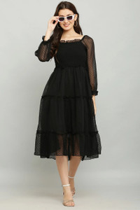 SOWE Women Ruffled Black Knee Length Dress