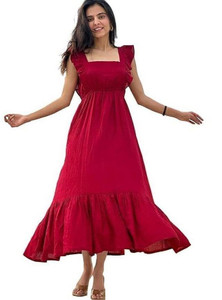 BOMBAY SPEED Women Fit and Flare Red Midi/Calf Length Dress