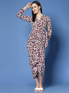 PLUSS Women Wrap Maroon, White Midi/Calf Length Dress