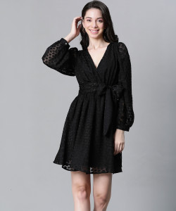 OXOLLOXO Women Wrap Black Above Knee/Mid Thigh Length Dress
