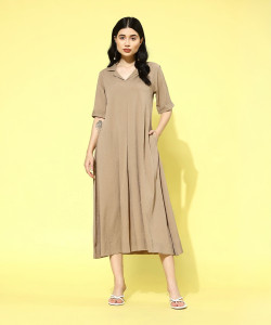 Varanga Women A-line Beige Midi/Calf Length Dress