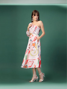Oomph! Women Asymmetric White, Multicolor Midi/Calf Length Dress