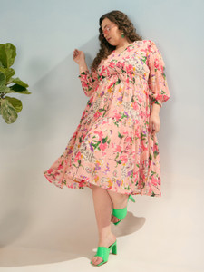 SASSAFRAS Curve Women Tiered Pink Midi/Calf Length Dress