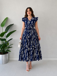 woclo enterprise Women Maxi Dark Blue, White Full Length Dress