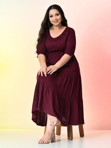 PrettyPlus by Desinoor.com Women Fit and Flare Maroon Midi/Calf Length Dress