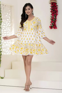 THE BLISS FASHION Women A-line Light Green, White, Yellow Above Knee/Mid Thigh Length Dress