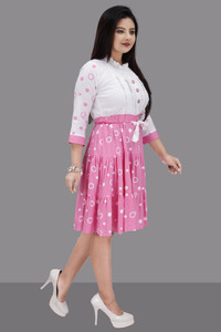 mallickcreation Women Gown White, Pink Above Knee/Mid Thigh Length Dress