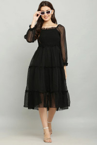 Stylisaa Women Fit and Flare Black Below Knee Dress