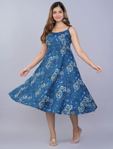 Bhawanaprint Women Skater Blue Above Knee/Mid Thigh Length Dress