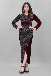 Riaash Women Bodycon Maroon, Black Maxi/Full Length Dress