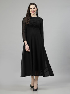 AAYU Women Fit and Flare Black Maxi/Full Length Dress