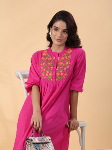 Janasya Women A-line Pink Below Knee Dress