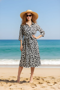 Mayaavi Women A-line Black, White Midi/Calf Length Dress