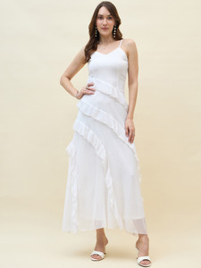 AAYU Women Layered White Maxi/Full Length Dress