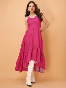 PURVAJA Women Fit and Flare Pink Midi/Calf Length Dress