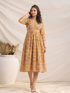 Janasya Women Gathered Multicolor Midi/Calf Length Dress