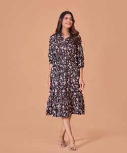 FashFun Women Fit and Flare Black Midi/Calf Length Dress