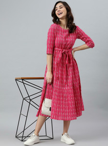 Kharoliya Women Fit and Flare White, Pink Midi/Calf Length Dress