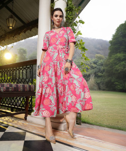 Stylum Women Fit and Flare Pink Below Knee Dress