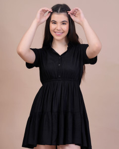 GAAISH Women Layered Black Above Knee/Mid Thigh Length Dress