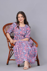 Gustofab Women Fit and Flare Grey, Pink Maxi/Full Length Dress