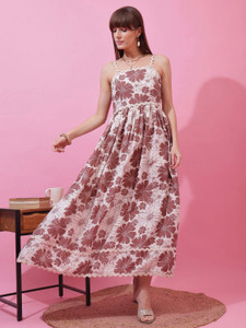 Sheetal Associates Women Fit and Flare Brown, White Maxi/Full Length Dress