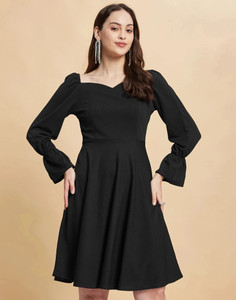 Selvia Women Fit and Flare Black Above Knee/Mid Thigh Length Dress