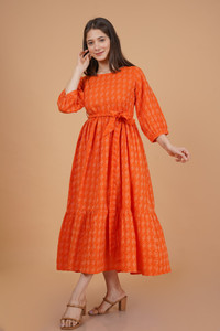 INDIANIC Women Tiered Orange Midi/Calf Length Dress
