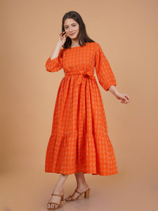 INDIANIC Women Tiered Orange Midi/Calf Length Dress
