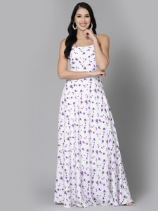 AAYU Women Maxi White, Purple Full Length Dress