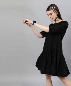 STREET9 Women Skater Black Above Knee/Mid Thigh Length Dress