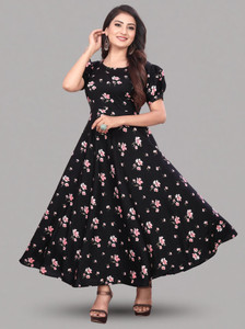 ZOPDI Women Fit and Flare Multicolor Maxi/Full Length Dress