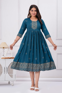 SQ KURTI Women Fit and Flare Blue Below Knee Dress