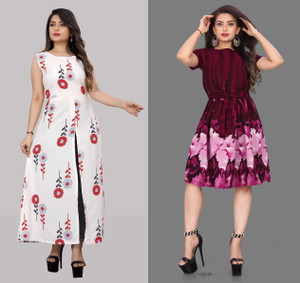 maruti fab Women Fit and Flare Multicolor Knee Length Dress