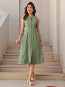 Janasya Women A-line Green Midi/Calf Length Dress