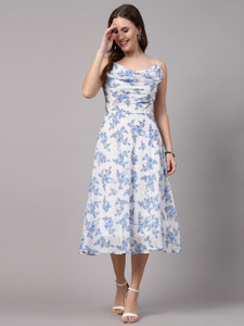 AAYU Women Fit and Flare Grey, White, Light Blue Midi/Calf Length Dress