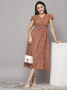 AAYU Women Fit and Flare Brown Midi/Calf Length Dress