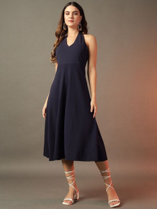 KASHIAN Women Fit and Flare Blue Midi/Calf Length Dress