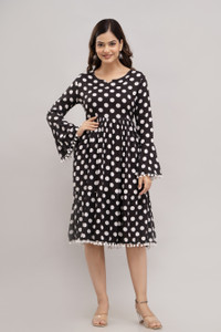 TRENDSWILL Women Fit and Flare Black, White Below Knee Dress