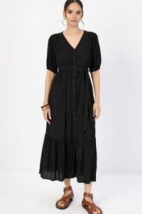 tckty Women Fit and Flare Black Maxi/Full Length Dress