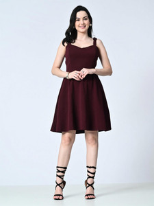 OWL MINK Women Fit and Flare Maroon Knee Length Dress