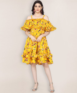 Oomph! Women Ruffled Yellow Knee Length Dress