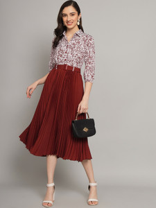 ZWERLON Women A-line Maroon Midi/Calf Length Dress
