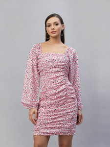 AAYU Women Bodycon Pink Above Knee/Mid Thigh Length Dress